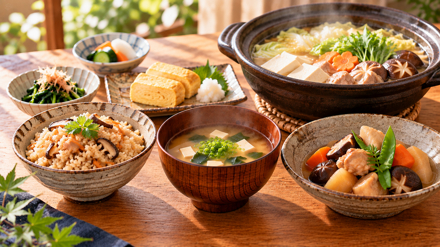 炊き込みご飯やお鍋、煮物などが並ぶ和食料理