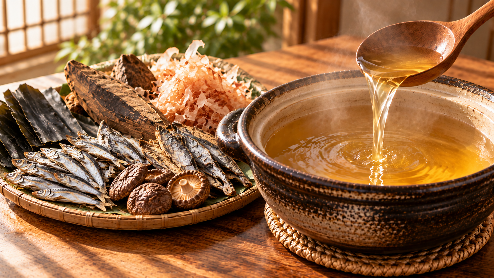 土鍋の黄金色のだしと鰹節、昆布、煮干し、椎茸などのだし素材