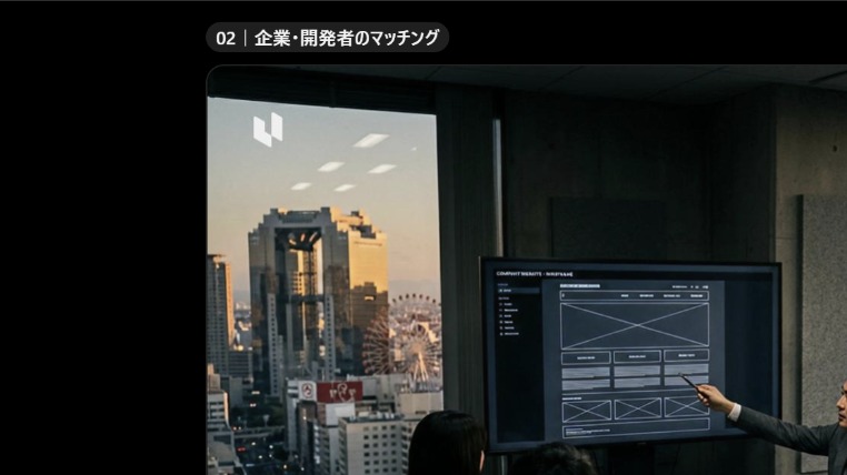 企業と開発者が事業について話し合う会議室